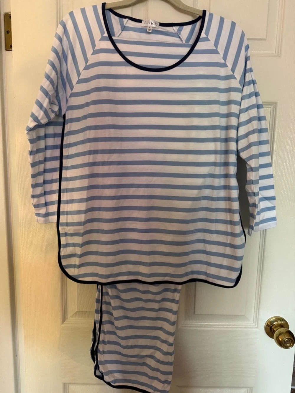 NWOT Lake Pajamas: Pima Long-Long Set in Hydrangea & Navy - Picture 5 of 11